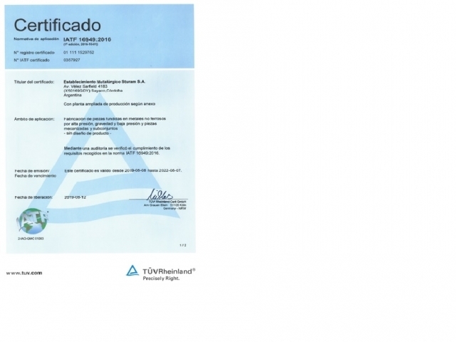 Agosto 2019: Sturam certifica su Sistema de Gestin de calidad bajo norma IATF 16949:2016